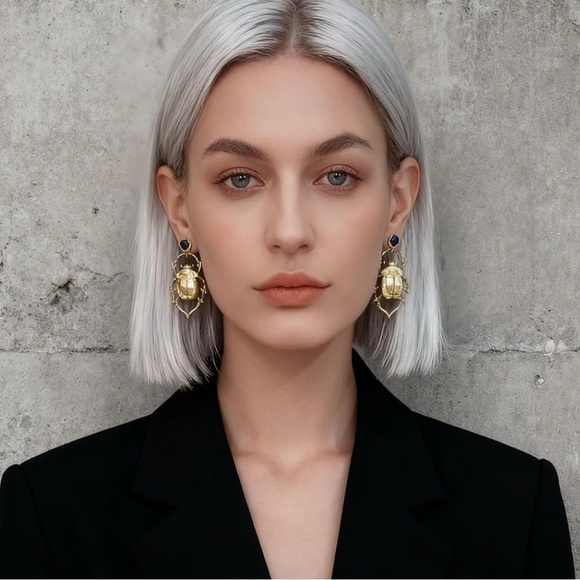 Gold Beatle Insect Earrings - Picture 3 of 14